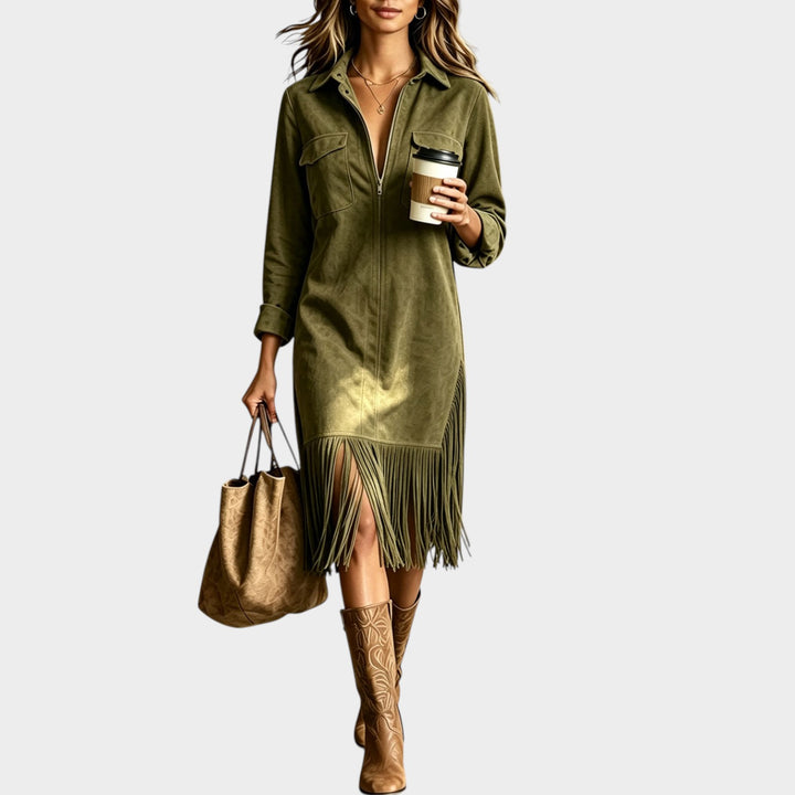 Women’s Suede Midi Dress Fringe Western Half Zip
