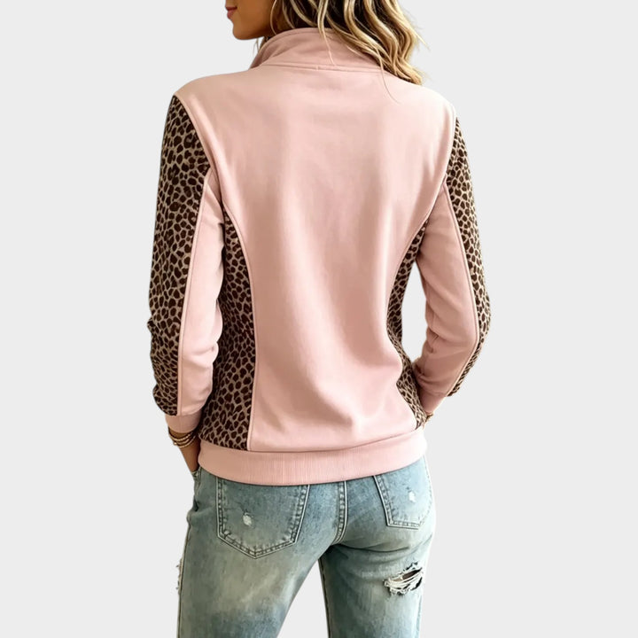 Women’s Quarter Zip Sweater Leopard Print  Vintage Style
