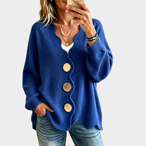 Women’s Knit Cardigan Wavy Edge Gold Button Oversized