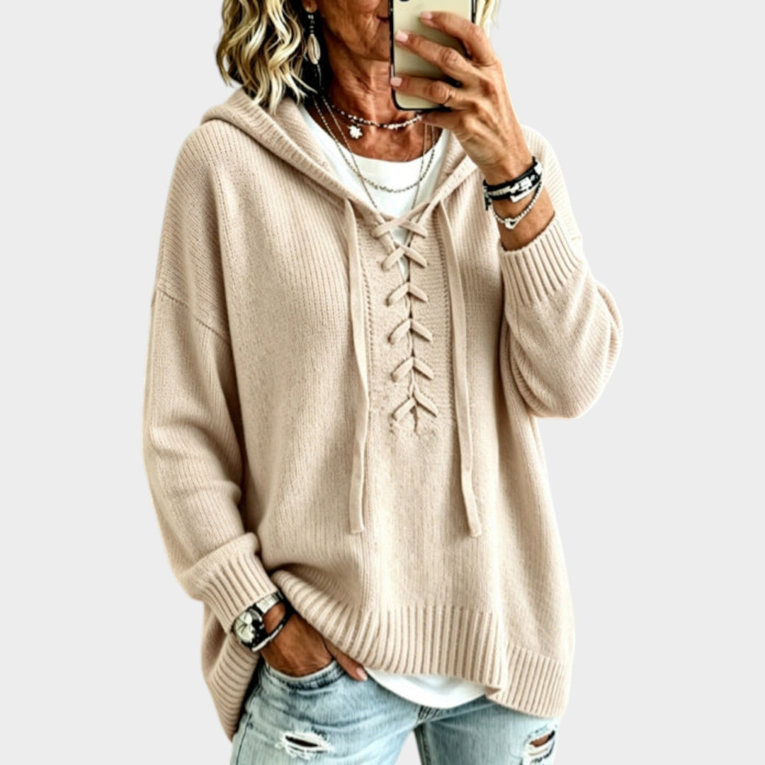 Women’s Knit Sweater Oversized Lace Up Hooded