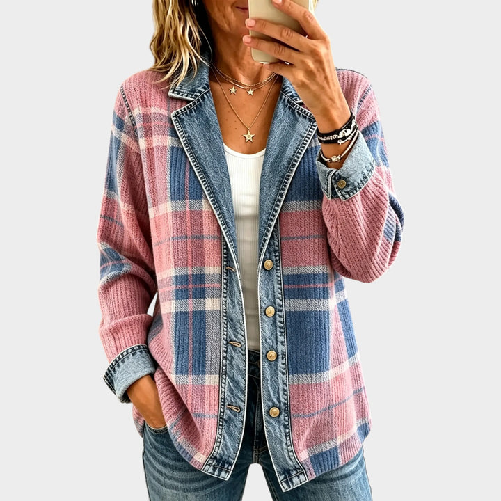 Women’s Denim Jacket Plaid Patchwork Button Front