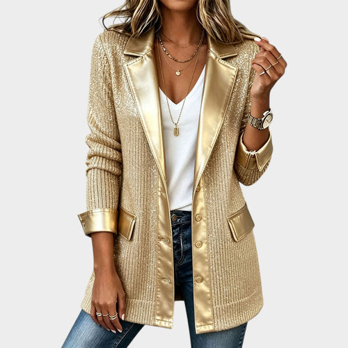 Women's Knit Blazer Leather Trim Tailored Design