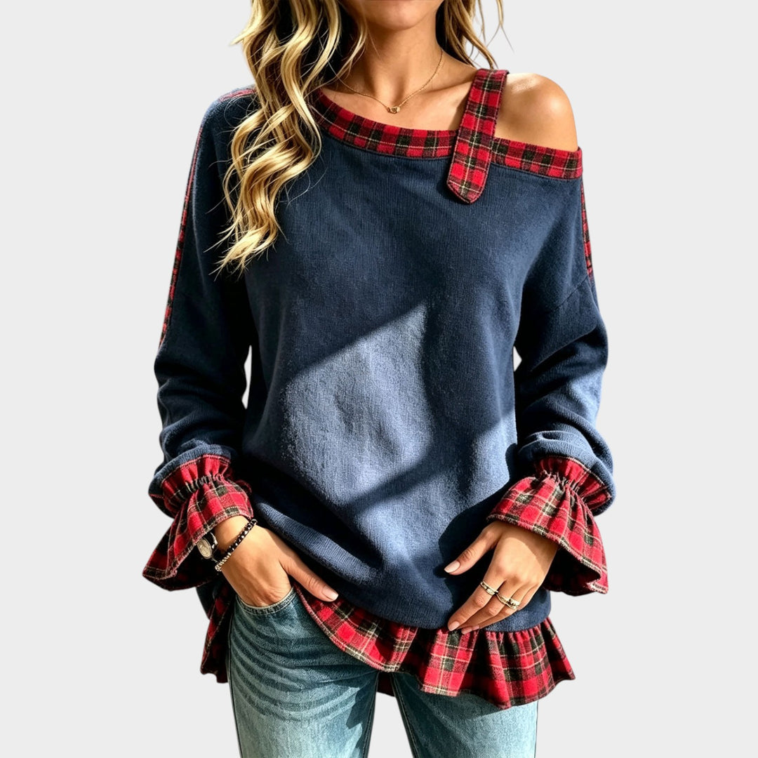 Women’s Off Shoulder Knit Top Plaid Patchwork Ruched