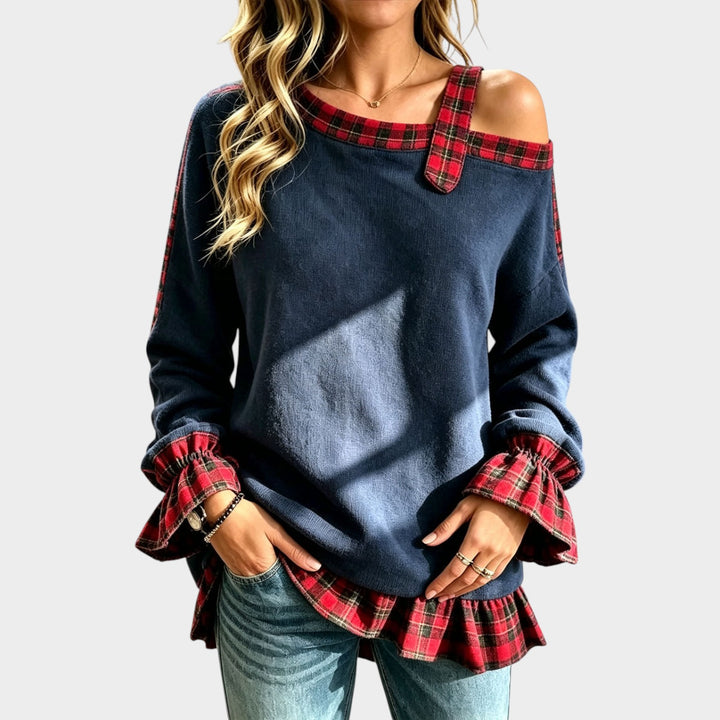 Women’s Off Shoulder Knit Top Plaid Patchwork Ruched