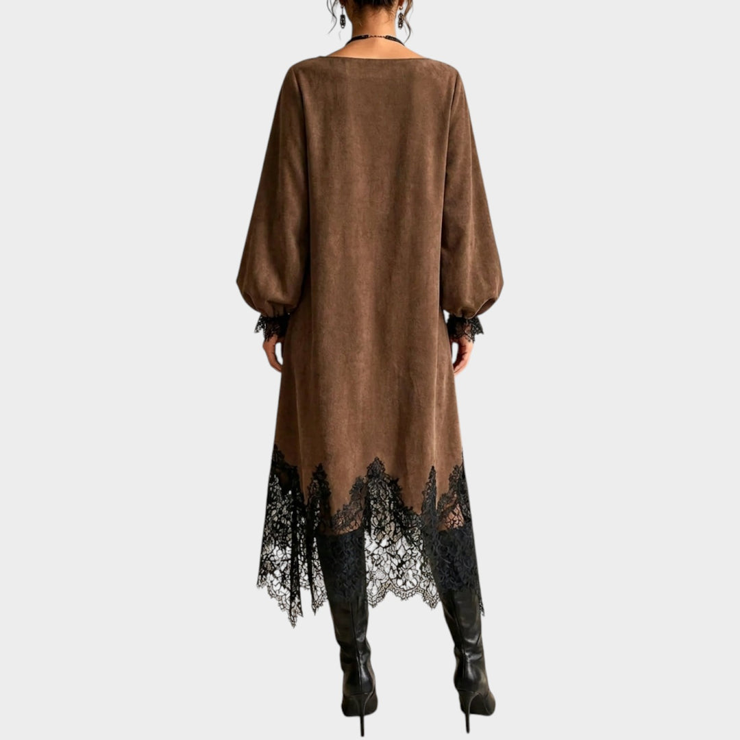 Women’s Suede Maxi Dress Lace Trim Asymmetric Hem