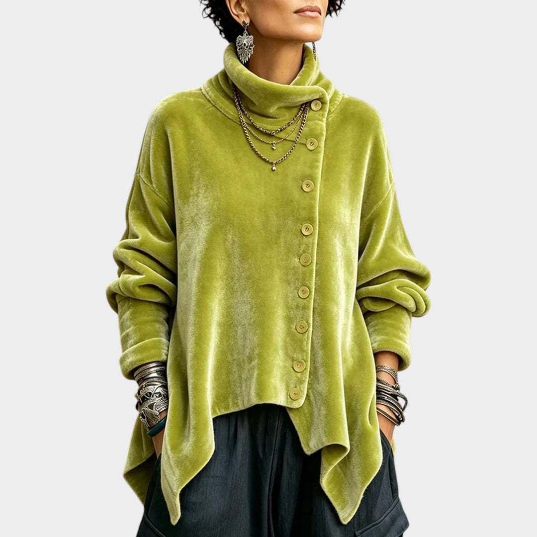 Women’s Velvet Turtleneck Top Asymmetric Button Detail