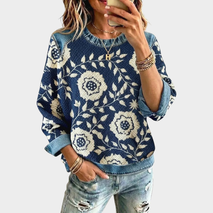 Women’s Knit Sweater Floral Print Denim Patchwork
