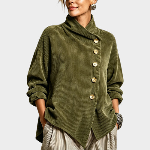 Women’s Corduroy Cardigan Top Funnel Neck Asymmetric Hem