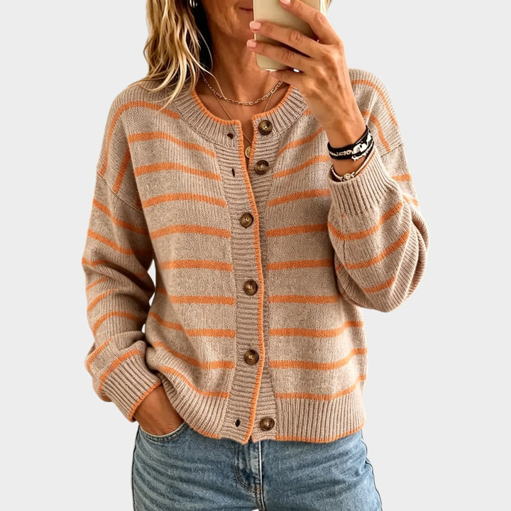 Women’s Striped Knit Cardigan Button Front Crew Neck