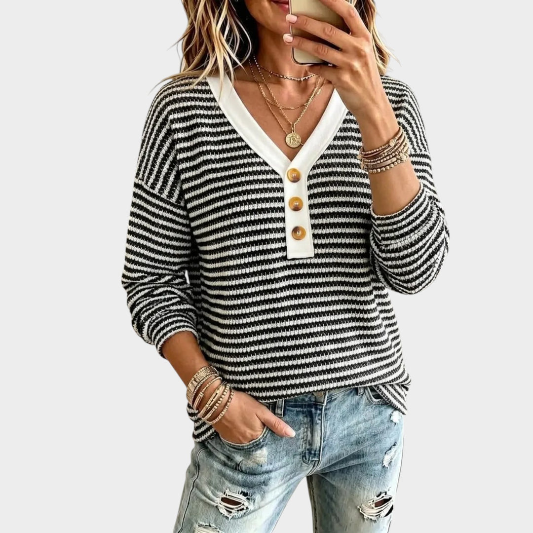 Women’s Knit Sweater Retro Stripe V Neck Casual