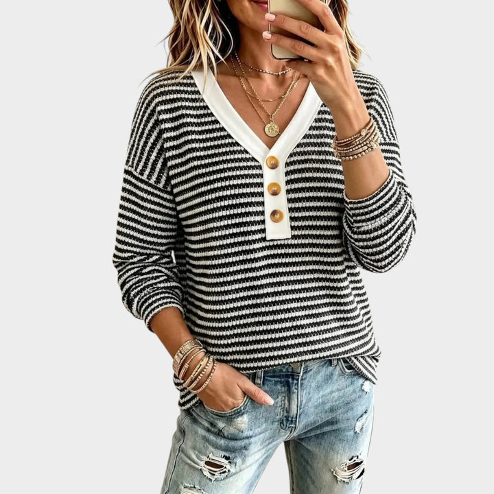 Women’s Knit Sweater Retro Stripe V Neck Casual