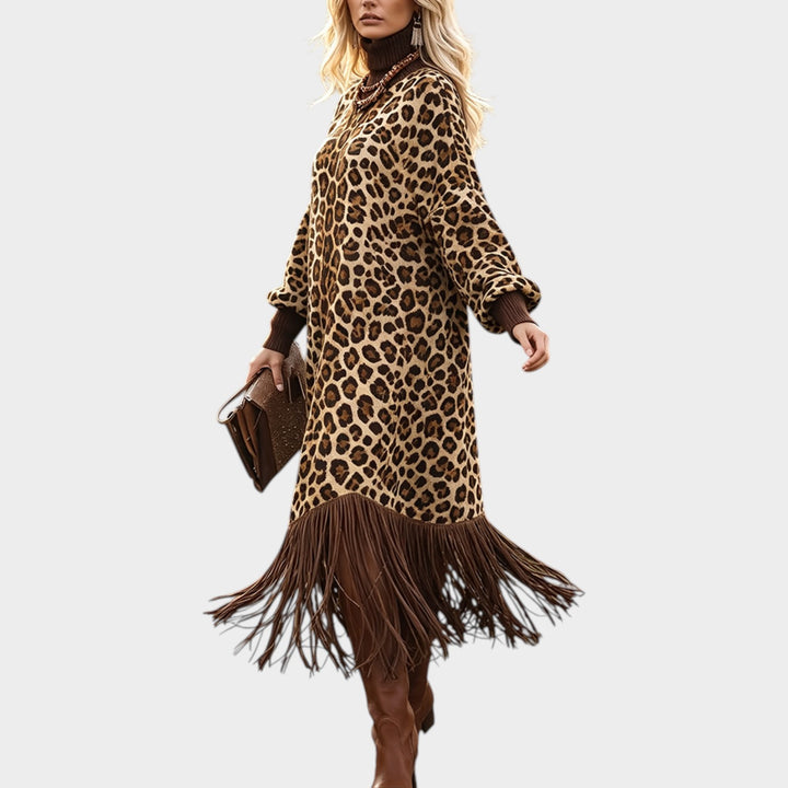 Women’s Leopard Print Dress Boho Fringe Detail