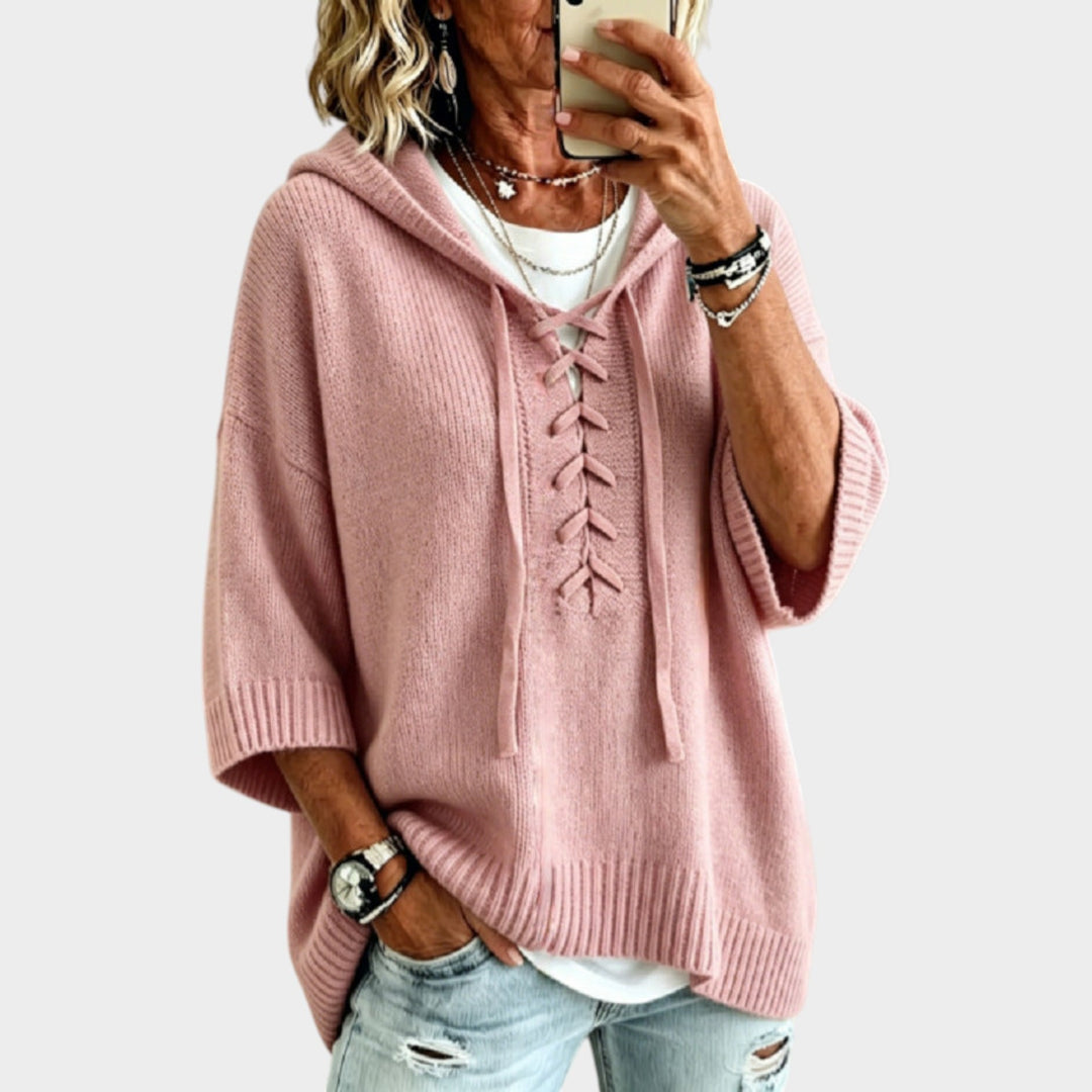 Women’s Knit Sweater Oversized Lace Up Hooded