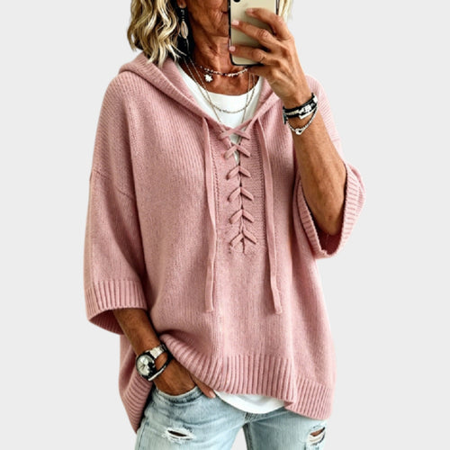 Women’s Knit Sweater Oversized Lace Up Hooded