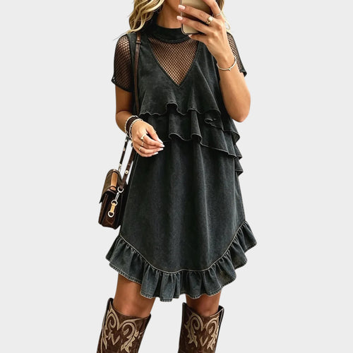 Women’s Western Denim Dress V Neck Ruffle Midi