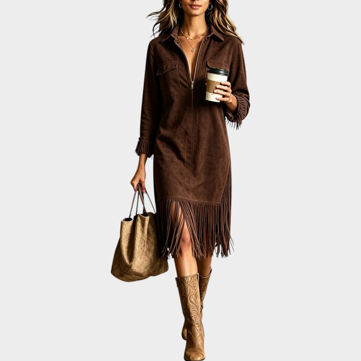 Women’s Suede Midi Dress Fringe Western Half Zip