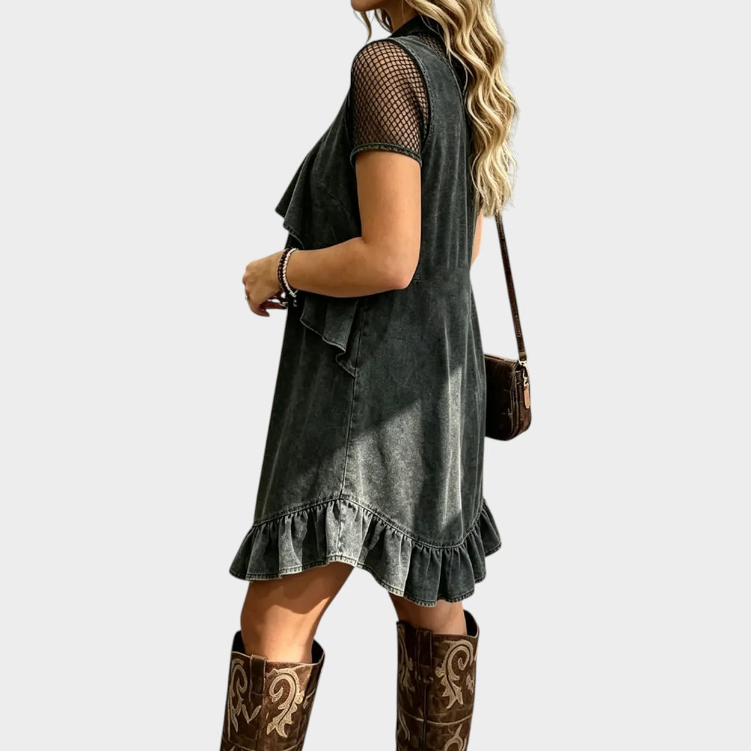 Women’s Western Denim Dress V Neck Ruffle Midi