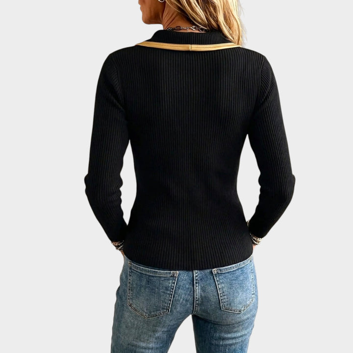 Women’s Knit Top Asymmetric Button Gold Accent