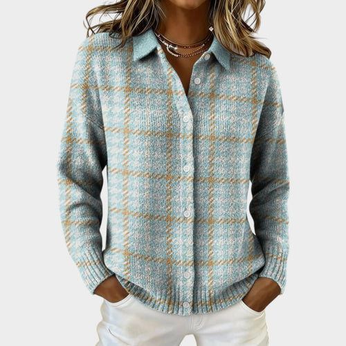 Women's Polo Knit Cardigan Plaid Button Front