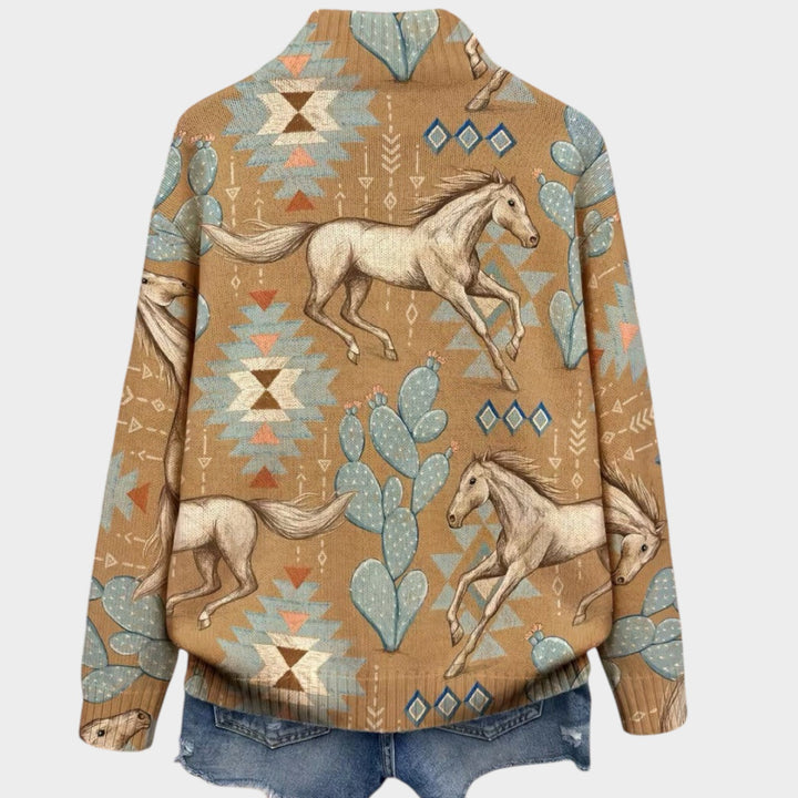 Women’s Cardigan Horse Print Cactus Western Style
