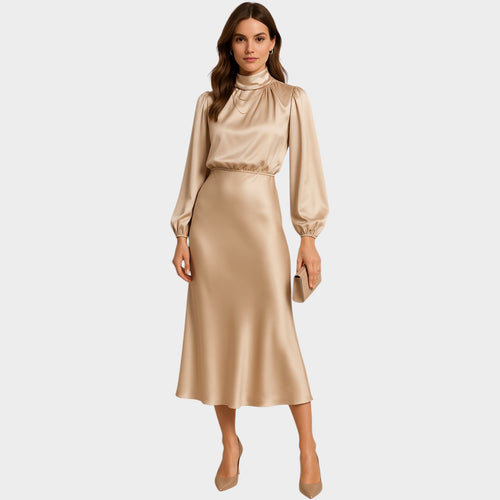 Women's Long Sleeve Satin Dress Midi Length Formal Wear