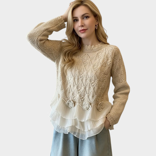 Women's Cable Knit Sweater Ruffle Trim Textured