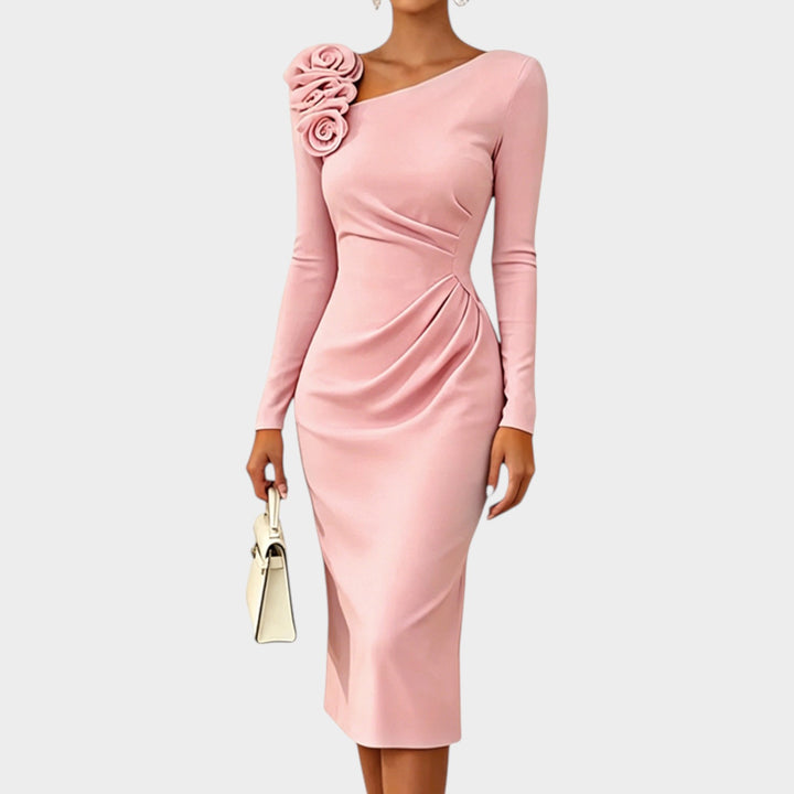 Women’s Formal Midi Dress Ruched 3D Rose Detail