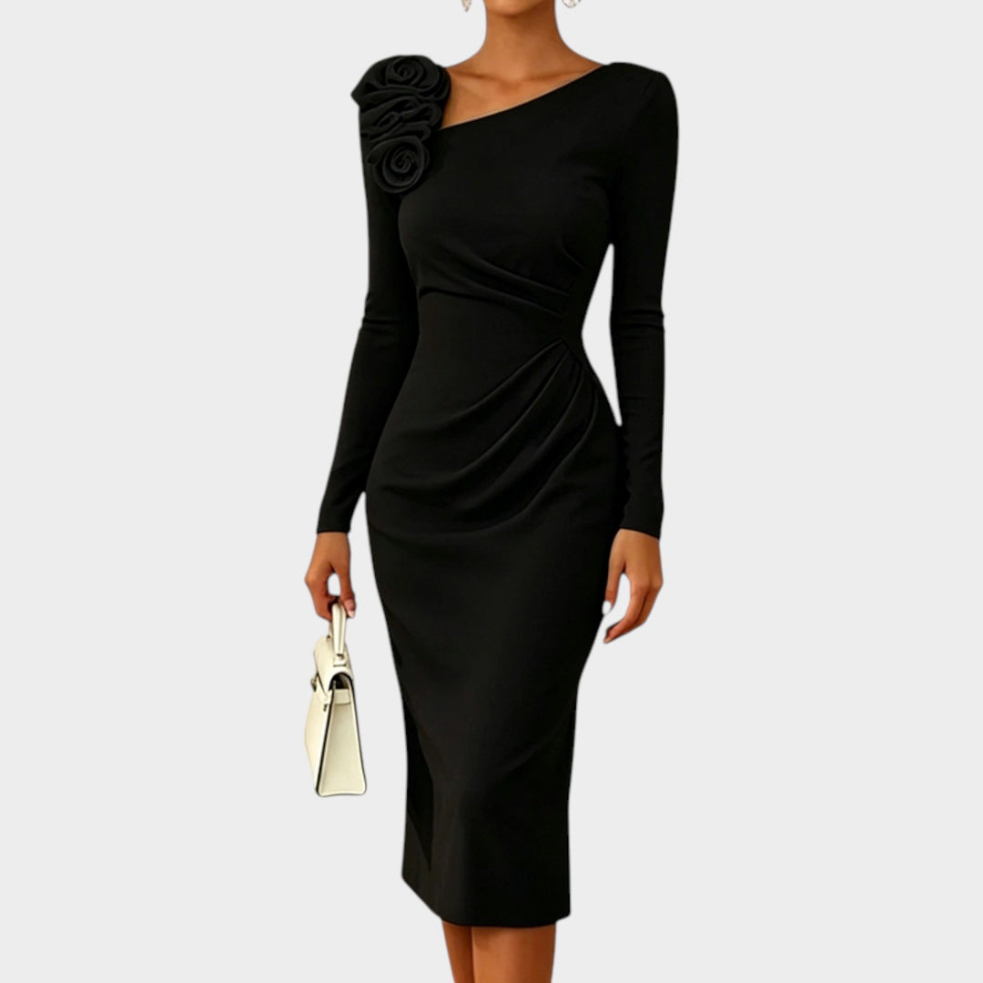 Women’s Formal Midi Dress Ruched 3D Rose Detail