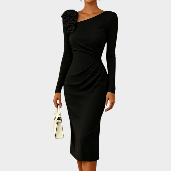 Women’s Formal Midi Dress Ruched 3D Rose Detail