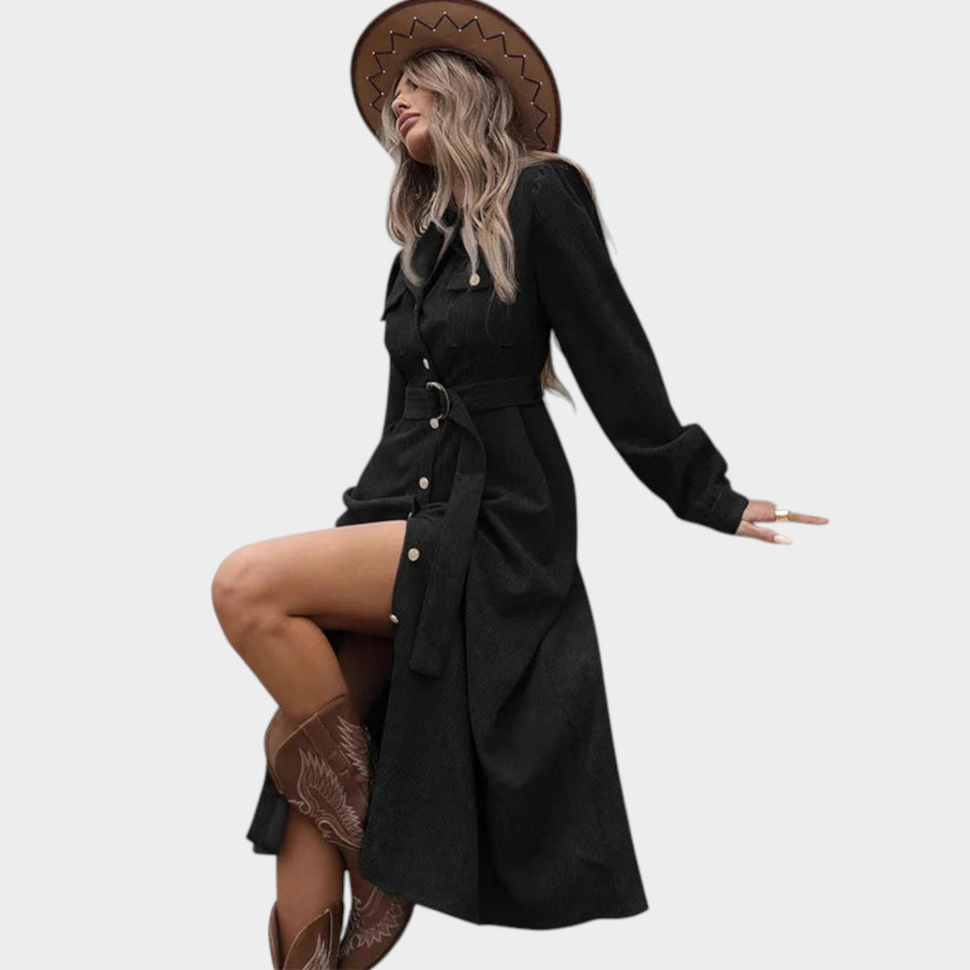 Women’s Corduroy Midi Dress Belted Shirt Style