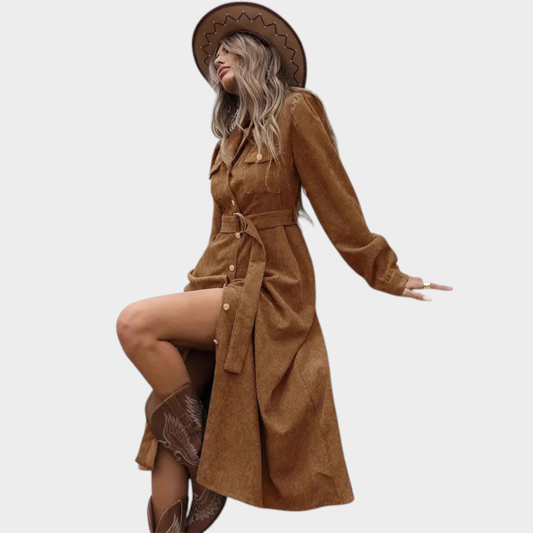 Women’s Corduroy Midi Dress Belted Shirt Style