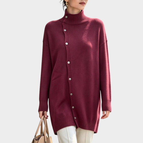 Women’s Knit Sweater Longline Turtleneck Button Detail