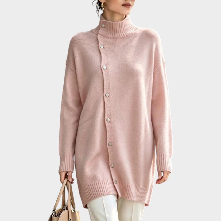 Women’s Knit Sweater Longline Turtleneck Button Detail