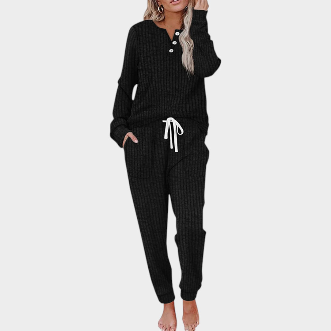 Women’s Two Piece Lounge Set Ribbed Knit Button Neck