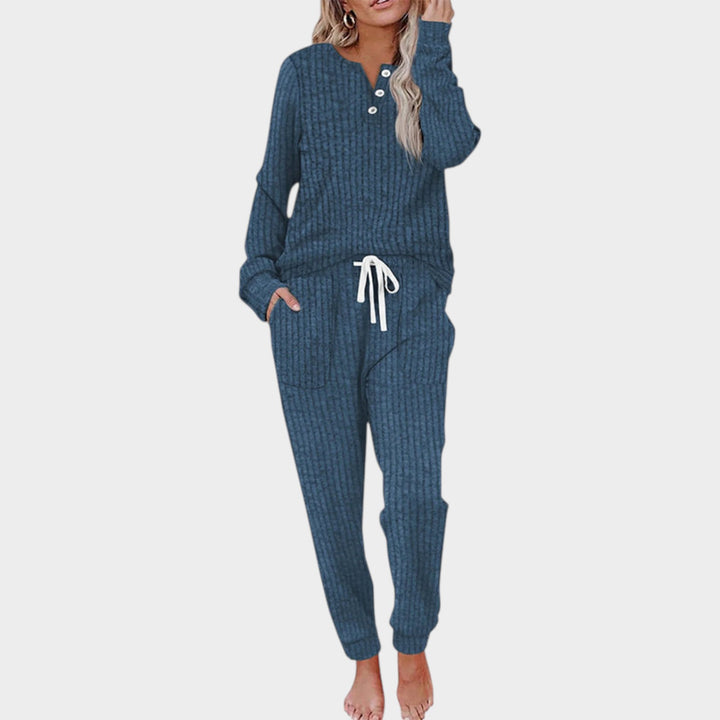 Women’s Two Piece Lounge Set Ribbed Knit Button Neck