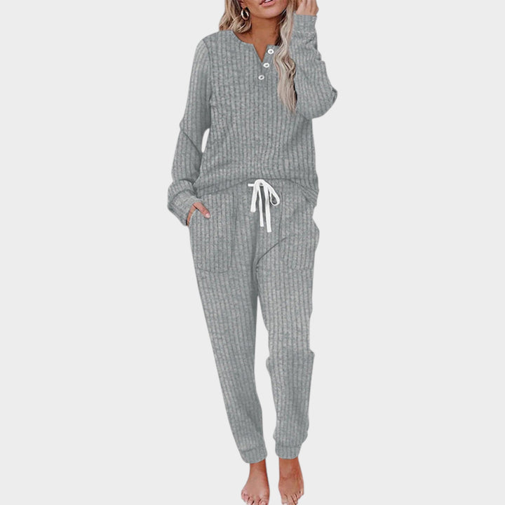 Women’s Two Piece Lounge Set Ribbed Knit Button Neck