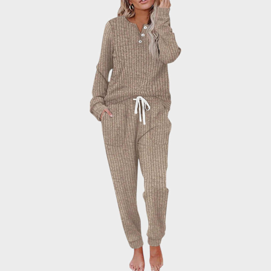 Women’s Two Piece Lounge Set Ribbed Knit Button Neck