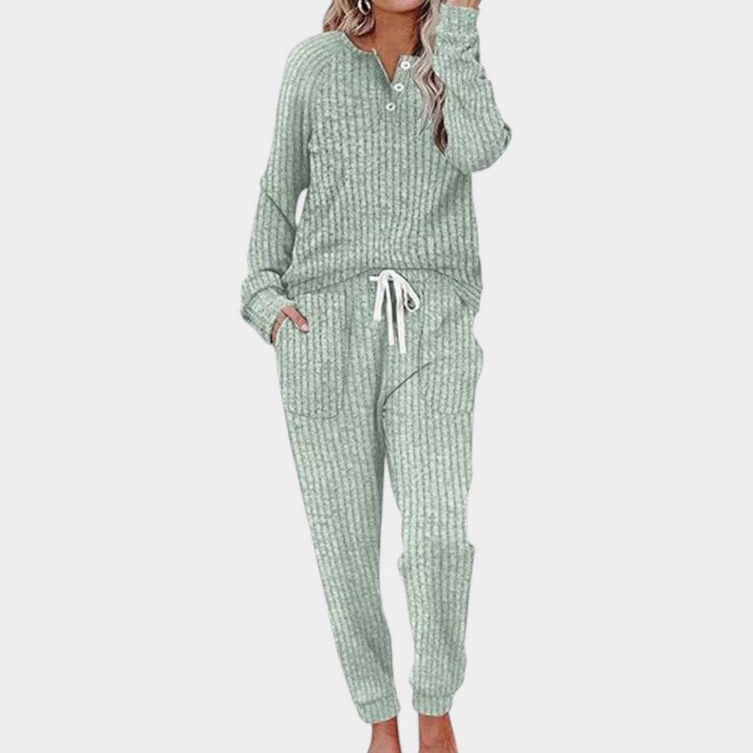 Women’s Two Piece Lounge Set Ribbed Knit Button Neck