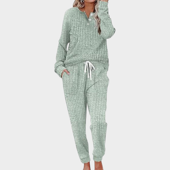 Women’s Two Piece Lounge Set Ribbed Knit Button Neck