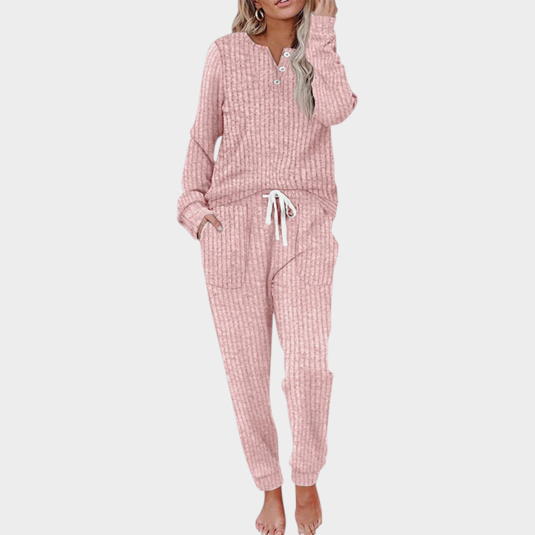 Women’s Two Piece Lounge Set Ribbed Knit Button Neck