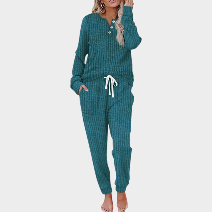 Women’s Two Piece Lounge Set Ribbed Knit Button Neck