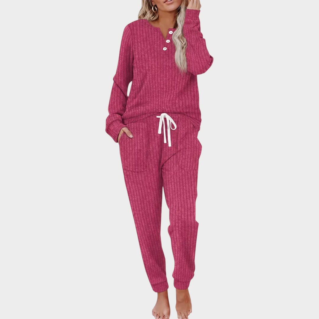 Women’s Two Piece Lounge Set Ribbed Knit Button Neck