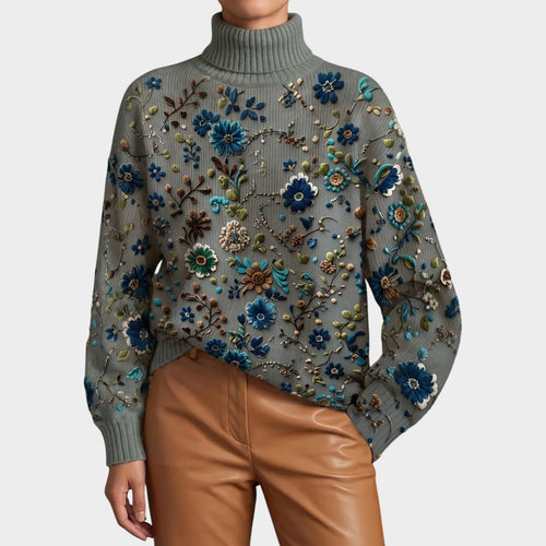 Women’s Knit Turtleneck Sweater Botanical Design