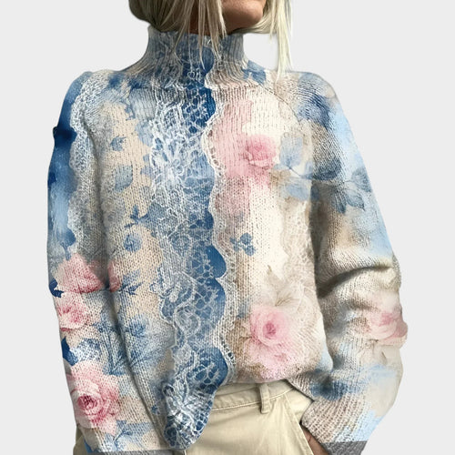 Women's Knit Sweater Turtleneck Floral Long Sleeve