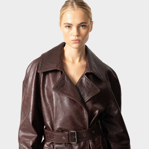 Women's Winter Trench Coat Leather Finish Waist Belt