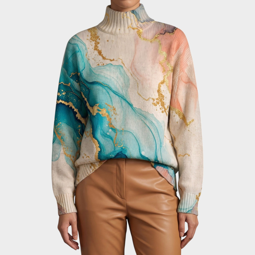 Women’s Knit Turtleneck Sweater Marbled Design