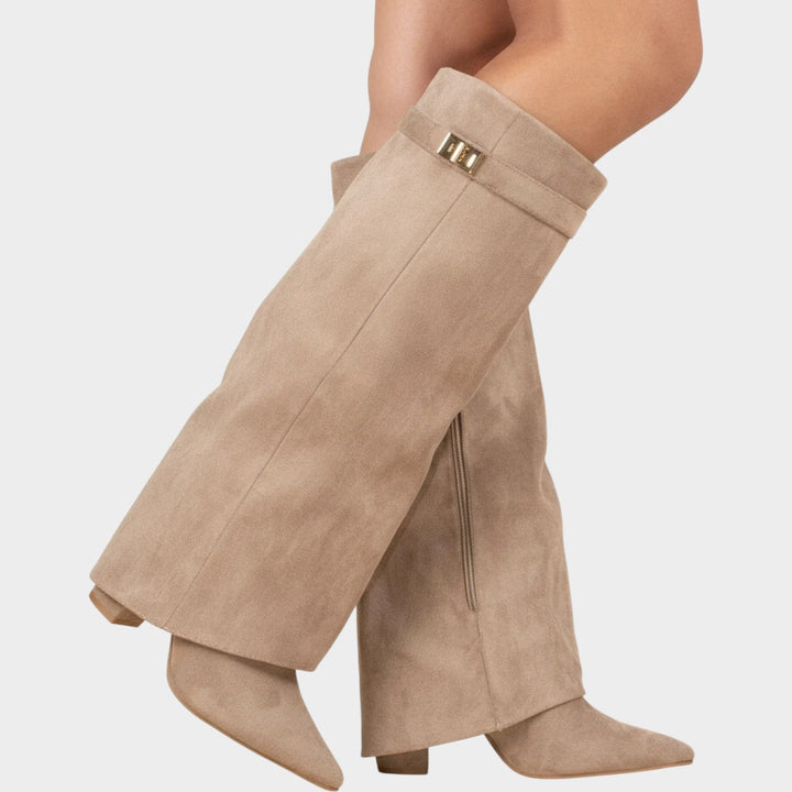 Knee High Slouch Suede Pointed Toe Block Heel Boots