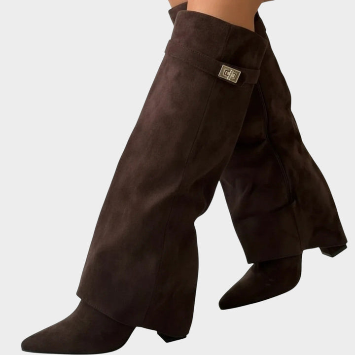 Knee High Slouch Suede Pointed Toe Block Heel Boots