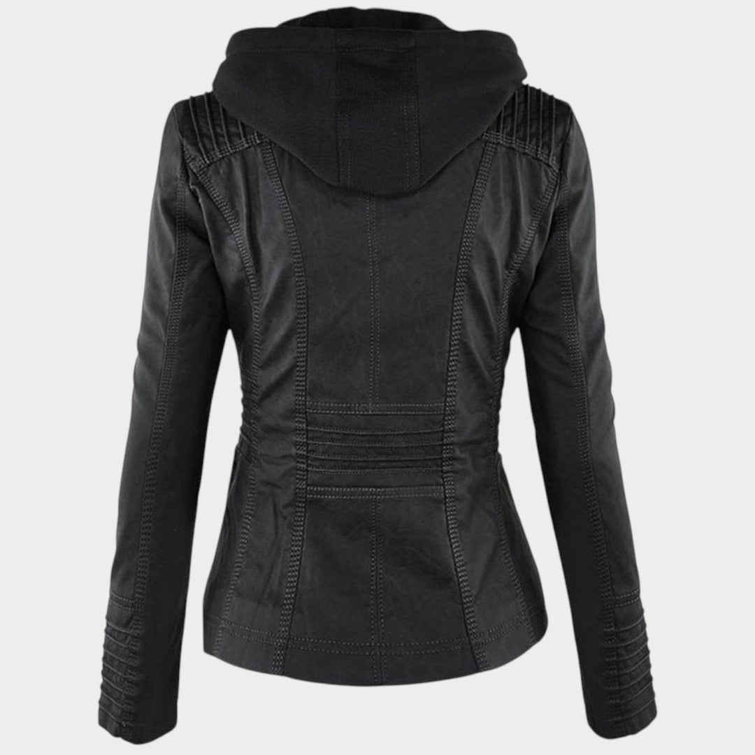 Women’s Leather Jacket Detachable Hood Biker Style