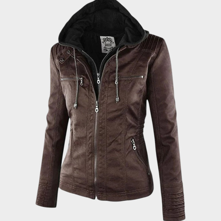 Women’s Leather Jacket Detachable Hood Biker Style